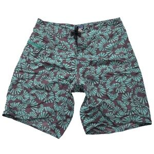 VTG PATAGONIA men's teal geometric print unlined 10" board shorts, 33".